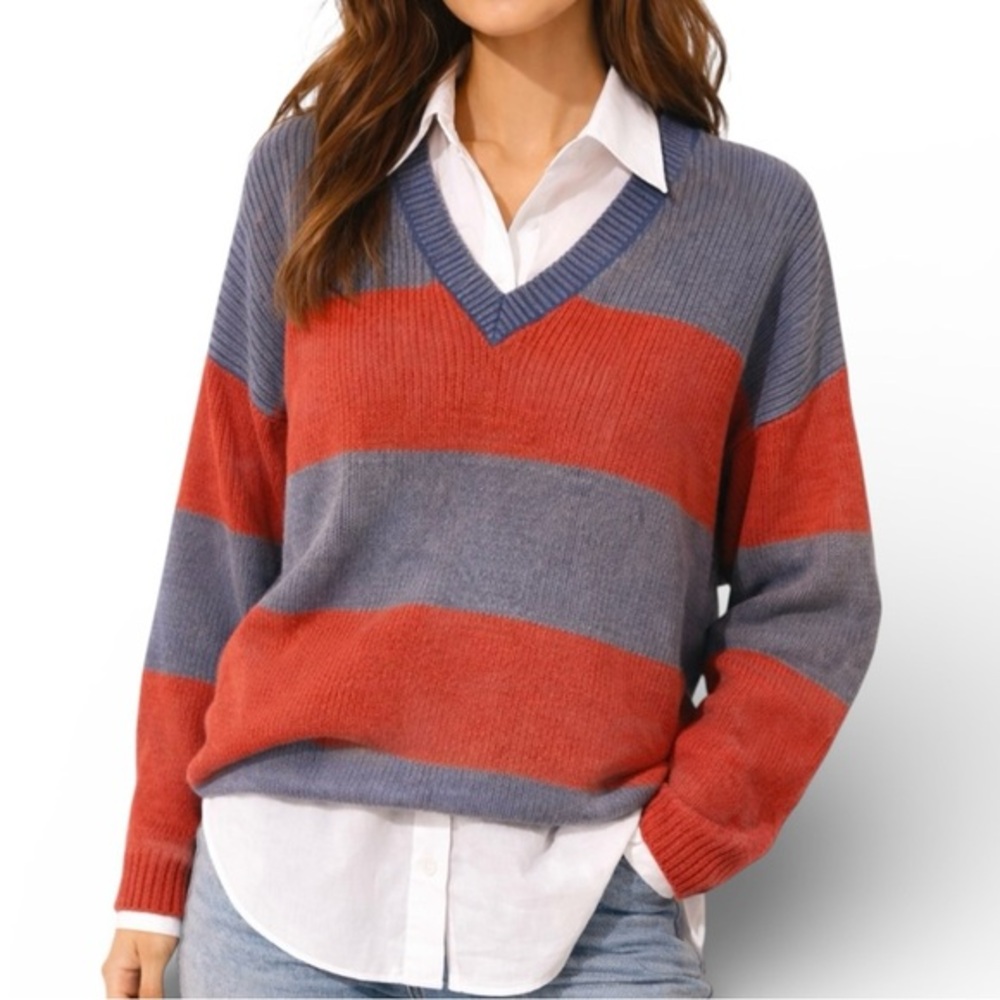 GUESS by Georges Marciano Vintage Stripe V Neck Cotton Sweater One Size USA
